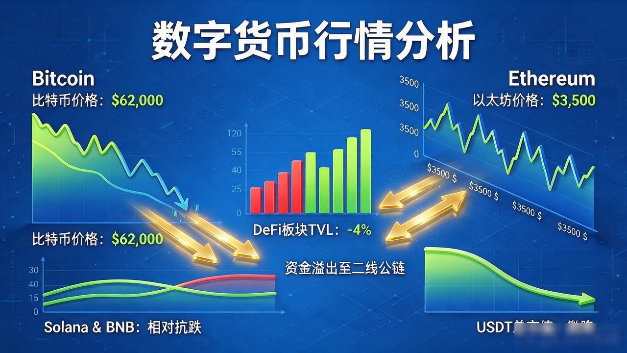 以太坊3500美元支撑位测试与DeFi资金流向_数字货币行情今日分析_BTC跌破62000美元后市走势分析